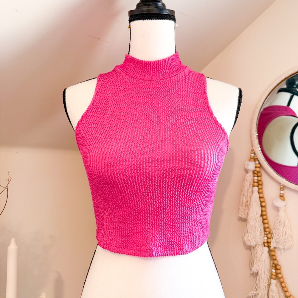 Bozzolo Fuchsia Stretchy Ribbed Mock Neck Sleeveless Crop Top